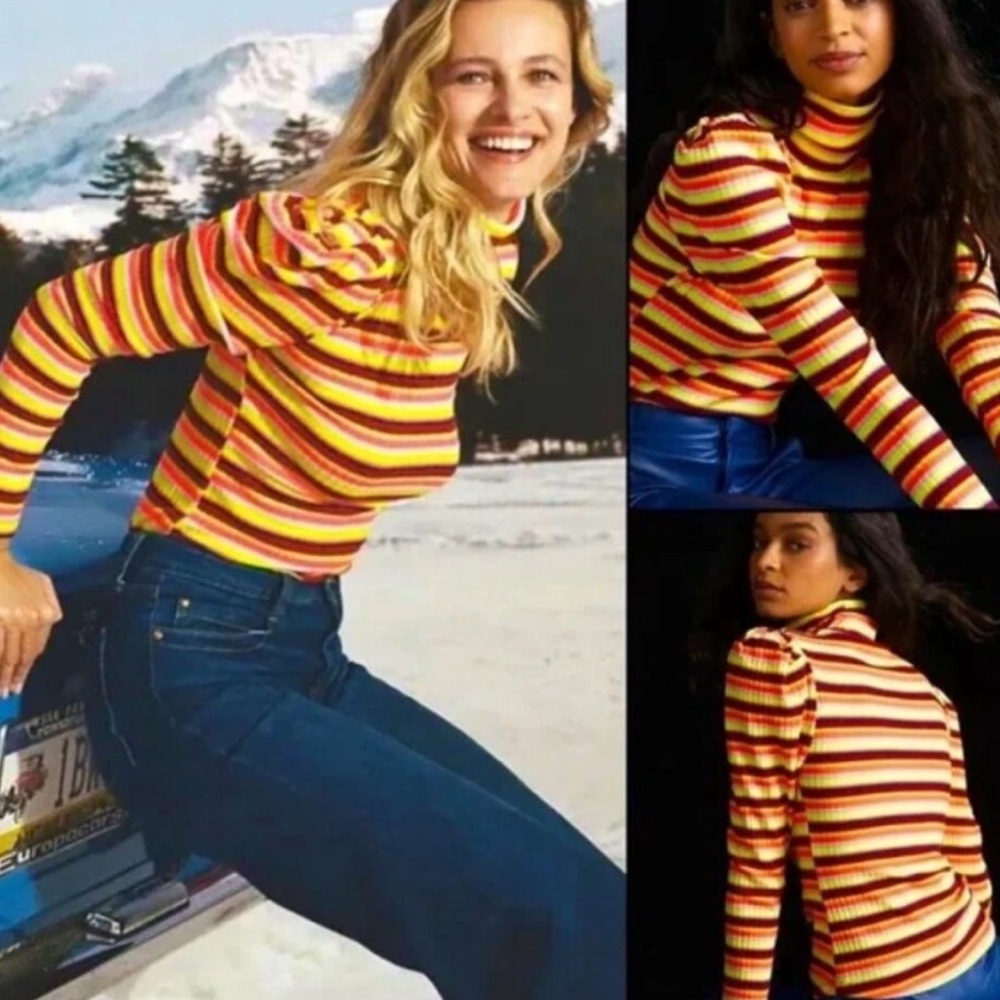 Anthropologie Maeve Bright Retro Neon Striped Puff Sleeve Turtleneck Top XS